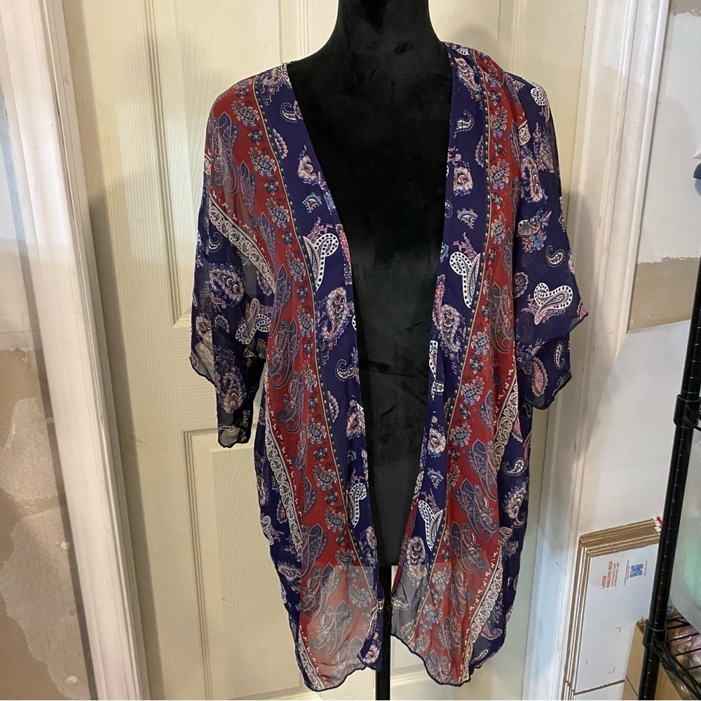 Loyo sheer paisley Light Kimono Wrap Shrug Shawl Swim Coverup Blue print flowy - Picture 1 of 6